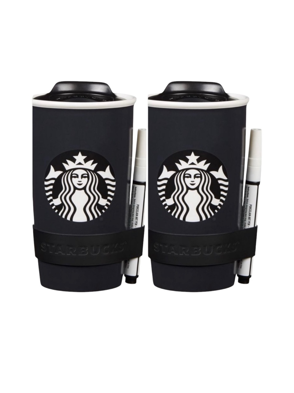 Starbucks NWT Coffee Writable Ceramic 12 Oz Travel Tumbler w/Lid & Pen x 2